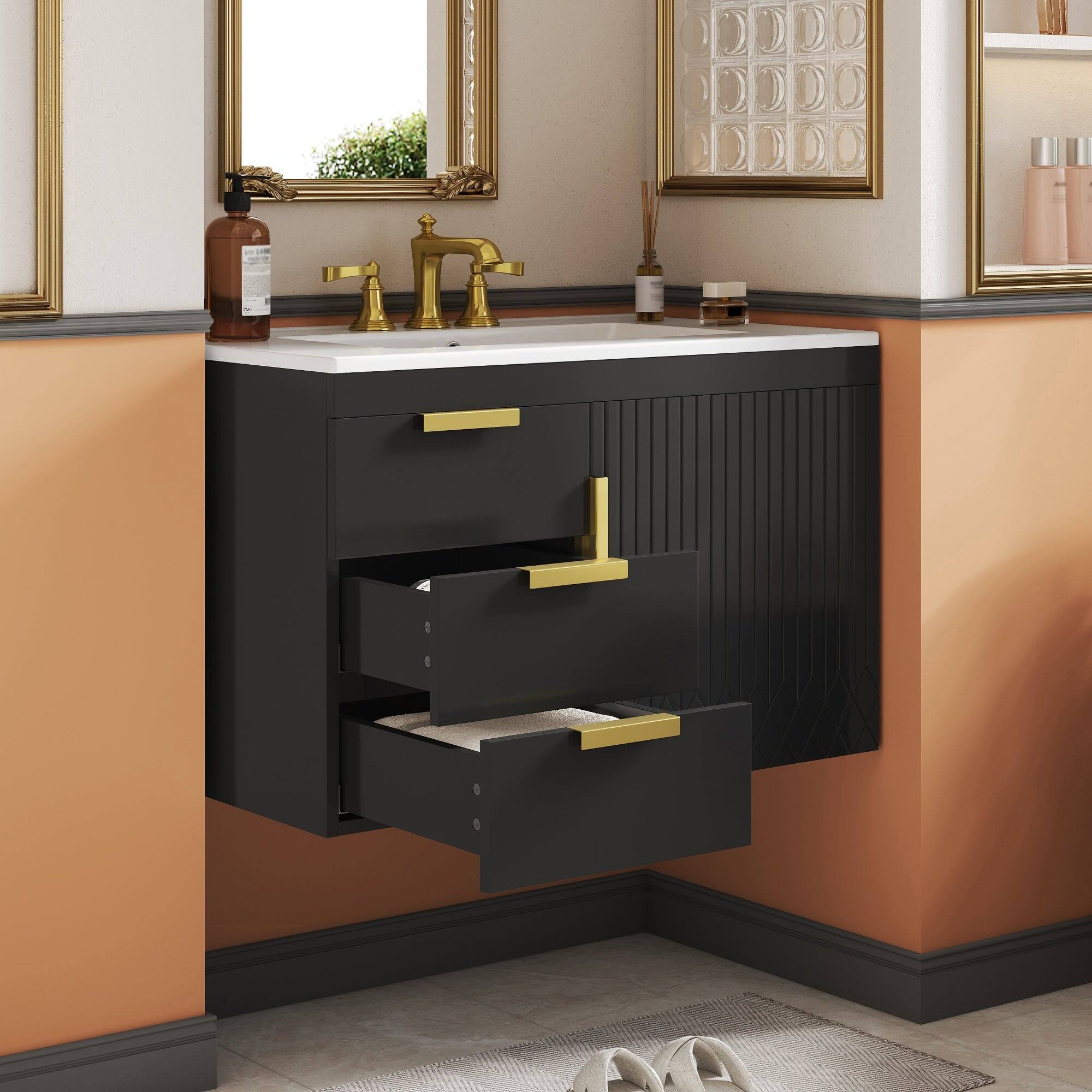 Alt View 5. Boyel Living - 30 Inch Wall Mounted Bathroom Vanity with Ceramic Sink and Drawers Black - Black.