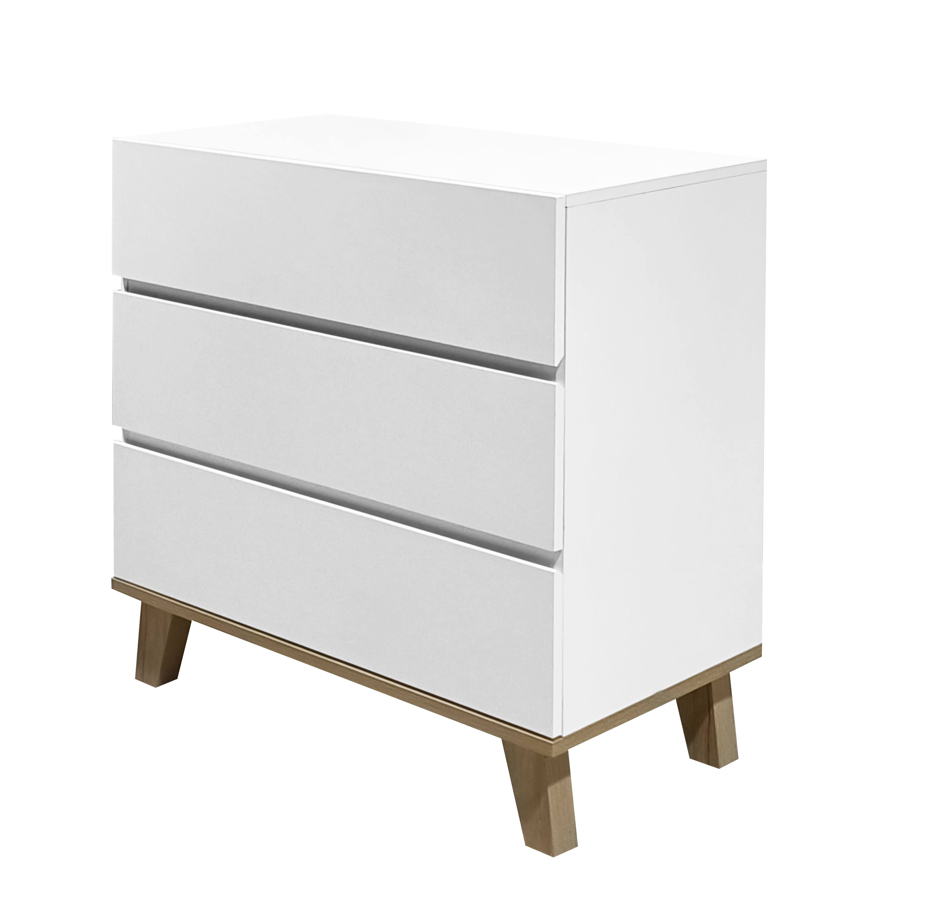 Left. Loheer - Loheer 3 Drawer White Dresser, Handle-Free Modern Storage Chest with Solid Wood Legs for Bedroom, Minimalist Cabinet - White.