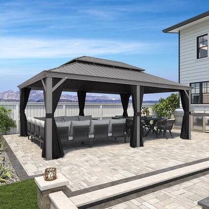 Front. PURPLE LEAF - 14' X 16' Light Gray Aluminum Power-Coated Frame Galvanized Steel Double Roof Hardtop Gazebo,Hooks Netting Curtain - 14' X 16'.