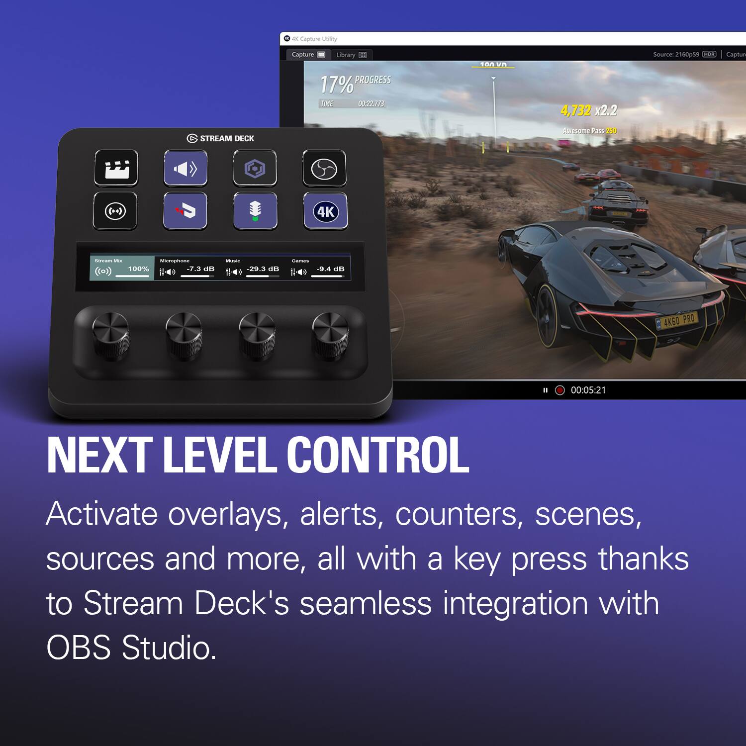 Capture Utility  
Capture Library PROGRESS 17% TIME 00-22773  
100 vn  
4,732 x2.2  
Source: 2160p59 FOR  
Capture  
STREAM DECK  
Awesome Pass  
4K  
Stream Mix Microphone 100% -7.3 dB  
Music -29.3 dB  
Games 9.4 dB  
4K60 PRO  
00:05:21  
NEXT LEVEL CONTROL Activate overlays, alerts, counters, scenes, sources and more, all with a key press thanks to Stream Deck's seamless integration with OBS Studio.