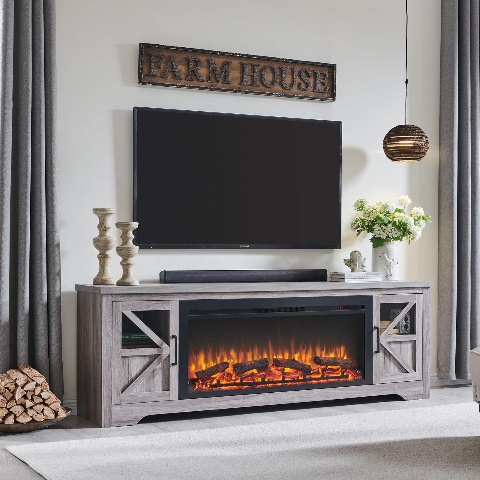 Chateau Abodes - 75" Fireplace TV Stand with 44" Electric Fireplace for up to 80" TVs - Gray Firewood