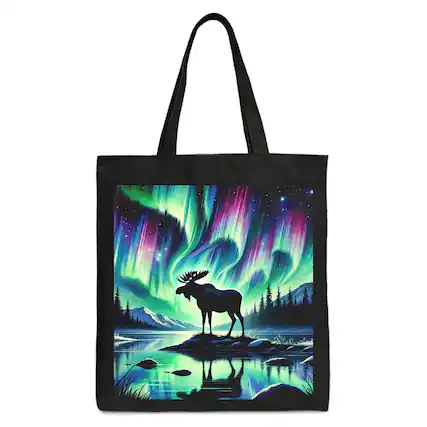Front. OrnamentallyYou - Majestic Moose Under Northern Lights Canvas Tote Bag, Gift Shopper for Enchanted Christmas - Black.