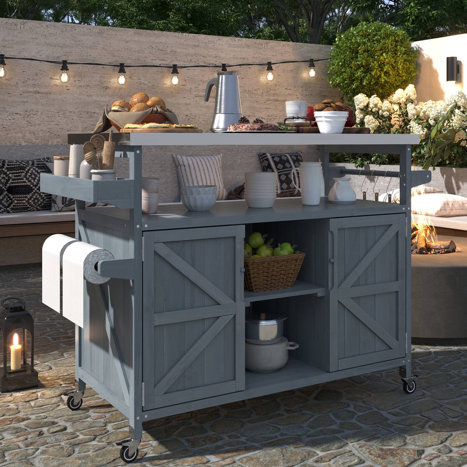 Alt View 1. Chateau Abodes - Outdoor Kitchen Island with Stainless Steel Top, Farmhouse Solid Wood Cabinet, Spice Rack & Towel Rack - Grey Blue.