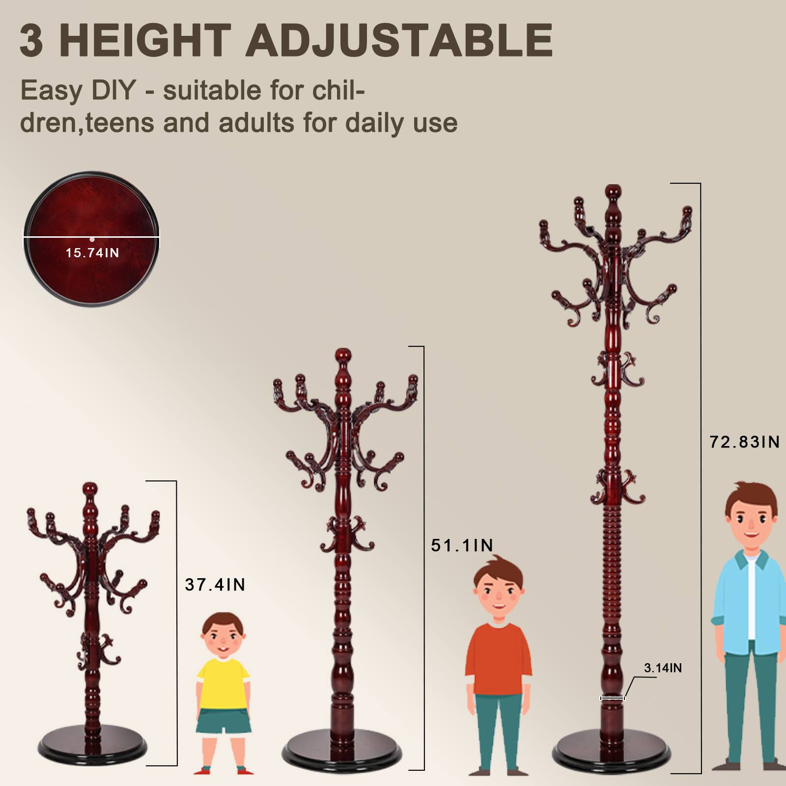 Alt View 4. Chateau Abodes - Solid Wood Coat Rack, Free Standing Hall Coat Tree with 14Hooks, 3 Height Options, 300lbs Load, Stury Base - Rosewood.