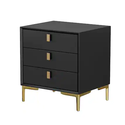 Front. FUFU & GAGA - FUFU&GAGA Modern Nightstand: Gold Accents, 3 - Drawer Storage - Black.