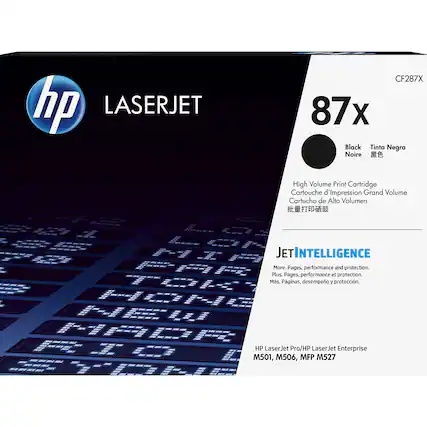 hp LASERJET CF287X 87x Black Tinta Negra Noire
High Volume Print Cartridge Cartouche d'Impression Grand Volume Cartucho de Alto Volumen
JETINTELLIGENCE
More. Pages, performance and protection. Plus. Pages, performance et protection. Más. Páginas, desempeño y protección.
HP LaserJet Pro/HP LaserJet Enterprise M501, M506, MFP M527