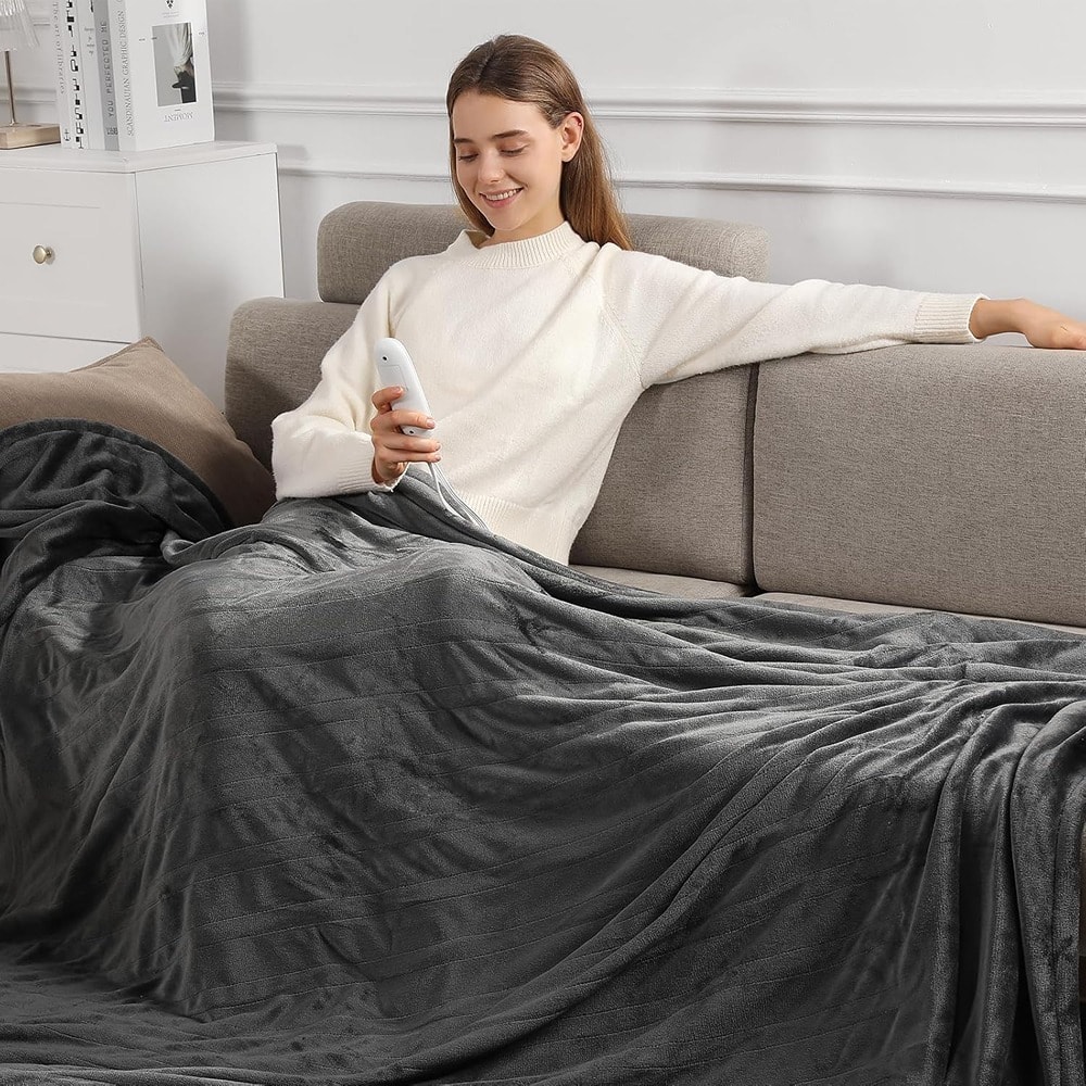MOSZAR LLC - Electric Heated Blanket Queen – Soft Plush Flannel, Dual Controls - Charcoal Grey