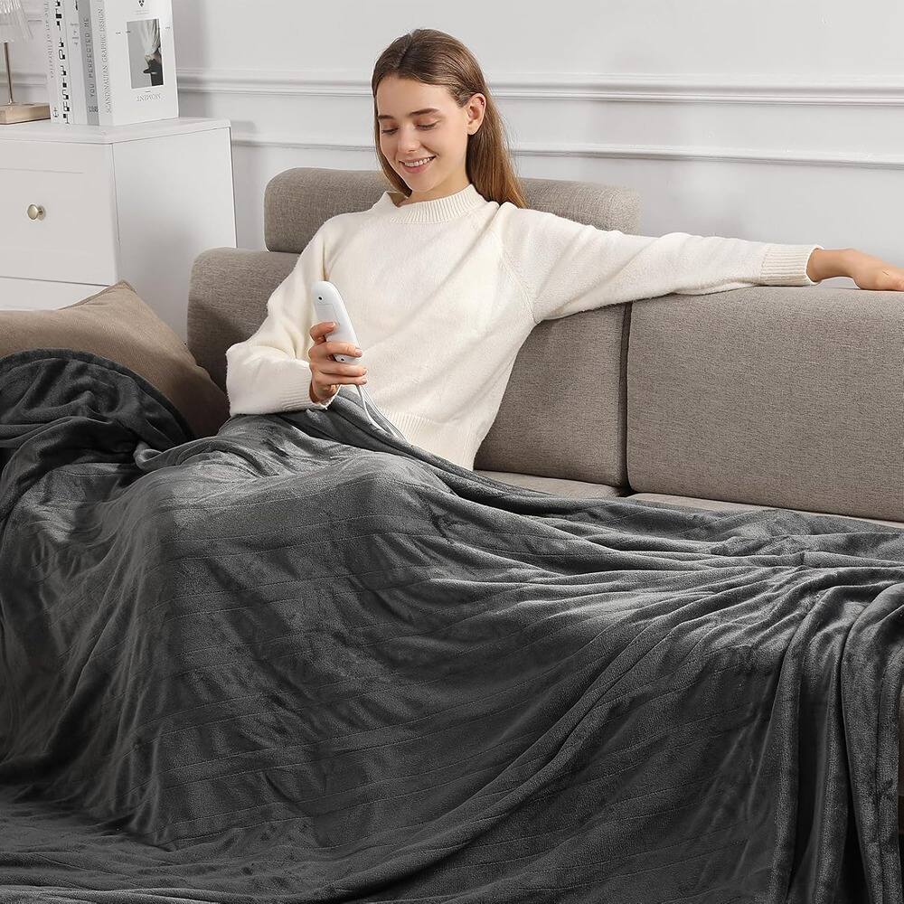 MOSZAR LLC - Electric Heated Blanket Queen – Soft Plush Flannel, Dual Controls - Charcoal Grey