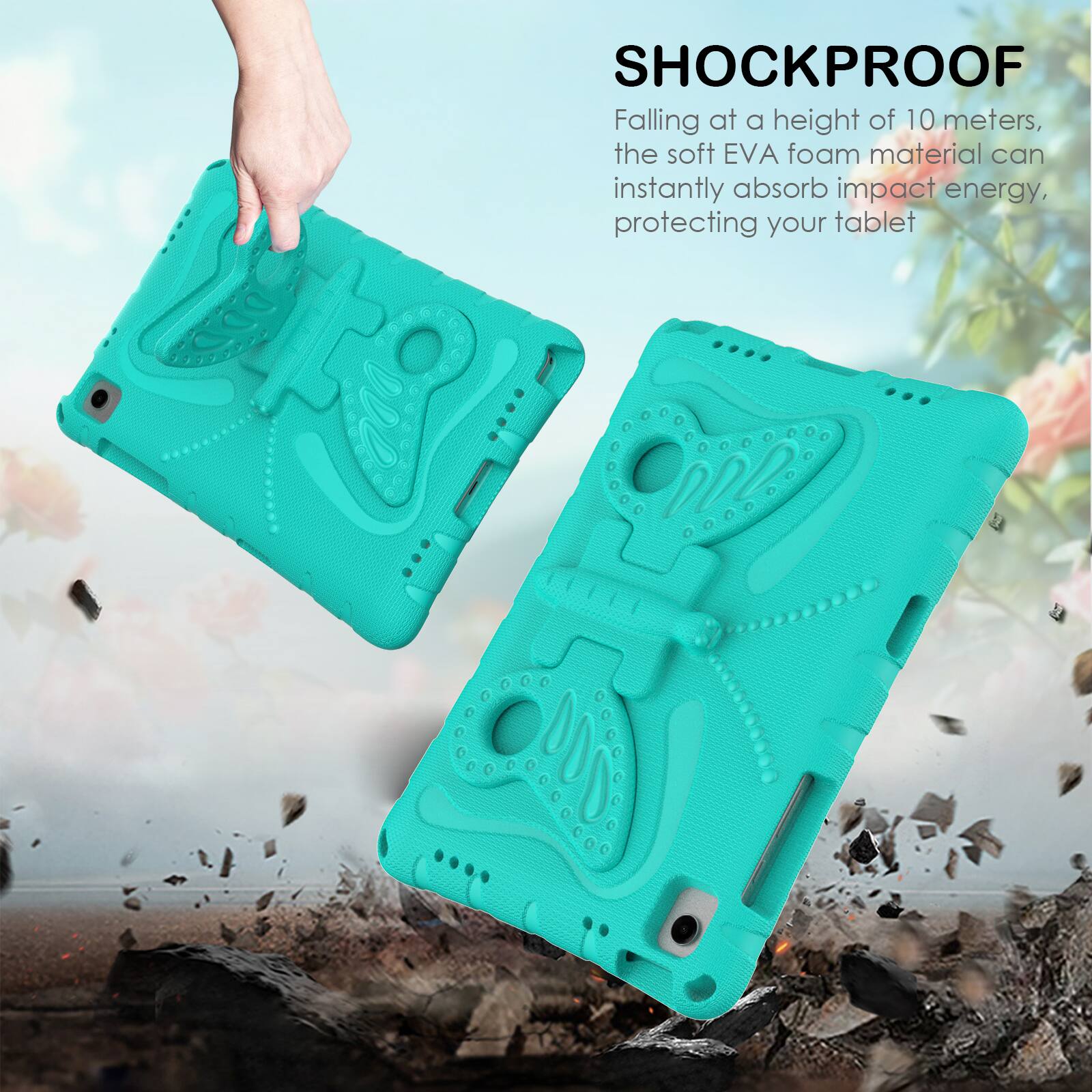 SHOCKPROOF

Falling at a height of 10 meters, the soft EVA foam material can instantly absorb impact energy, protecting your tablet.