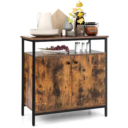 Front. Costway - Industrial 2-Door Buffet Sideboard Kitchen Cupboard Storage Cabinet with Open Shelf - Brown.