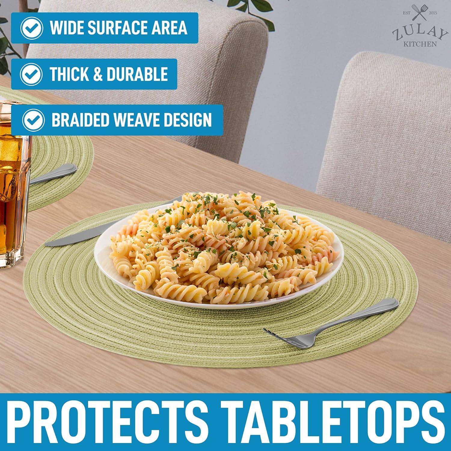 The text on the image can be grouped and corrected as follows:

- **Wide Surface Area**
- **Thick & Durable**
- **Braided Weave Design**
- **Protects Tabletops**

These features are highlighted in the image, showcasing the product's benefits.