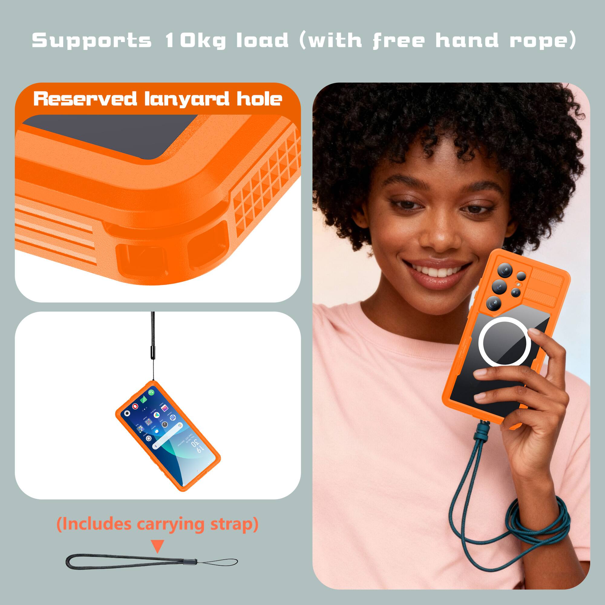Supports 10kg load (with free hand rope)  
Reserved lanyard hole  
(Includes carrying strap)