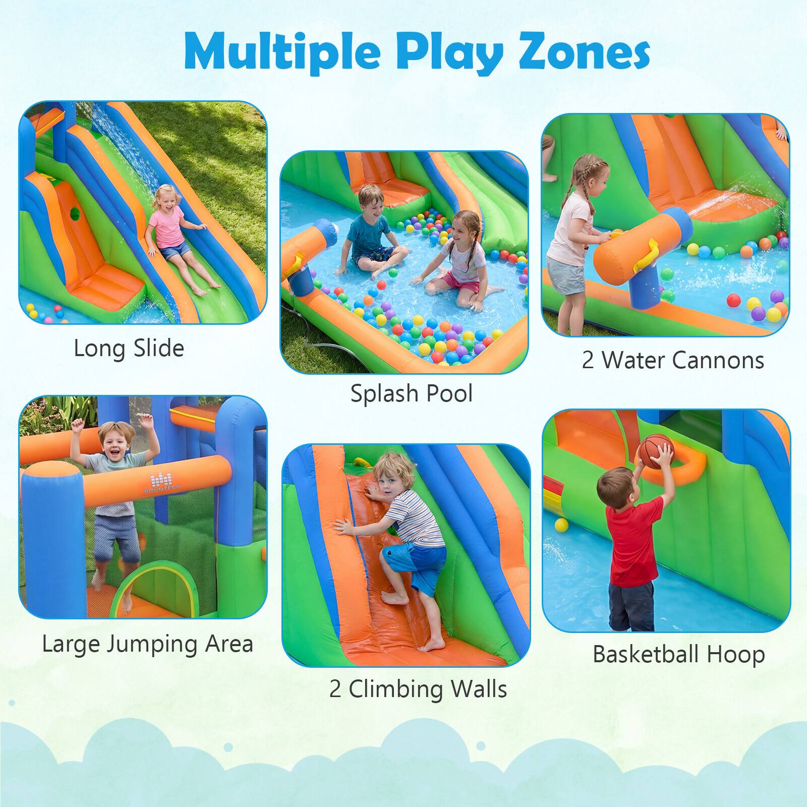 Multiple Play Zones  
- Long Slide  
- Splash Pool  
- 2 Water Cannons  
- Large Jumping Area  
- 2 Climbing Walls  
- Basketball Hoop