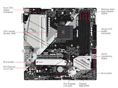 8-pin CPU power connector
CPU socket: Socket AM4
Memory slots: dual channel DDR4
24-pin ATX power connector
M.2 socket
PCI Express 3.0 x1 slot
PCI Express x16 slots
SATA connectors: 6Gb/s
M.2 socket
Chipset: AMD B550