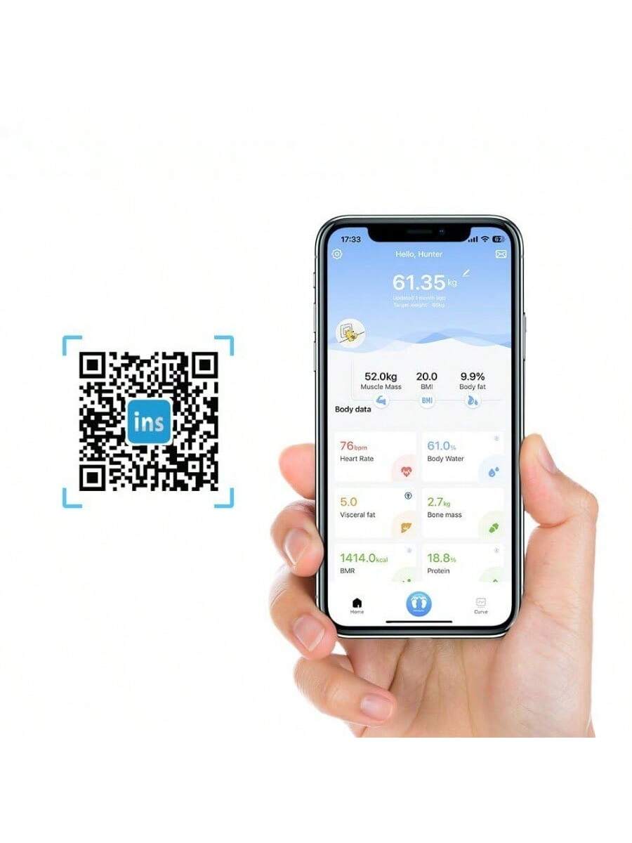 17:33 Hello, Hunter  
61.35 kg  
52.0 kg Muscle Mass  
20.0 BMI  
9.9% Body fat  
76 bpm Heart Rate  
61.0% Body Water  
5.0 Visceral fat  
2.7 kg Bone mass  
1414.0 kcal BMR  
18.8% Protein