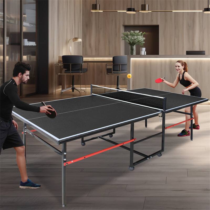 Alt View 5. HTUTWOO - 8ft Mid-Size Table Tennis Table -Foldable & Portable Ping Pong Set,Indoor Game Surface,Net, 2 Paddles & 3 Balls Included - Black.