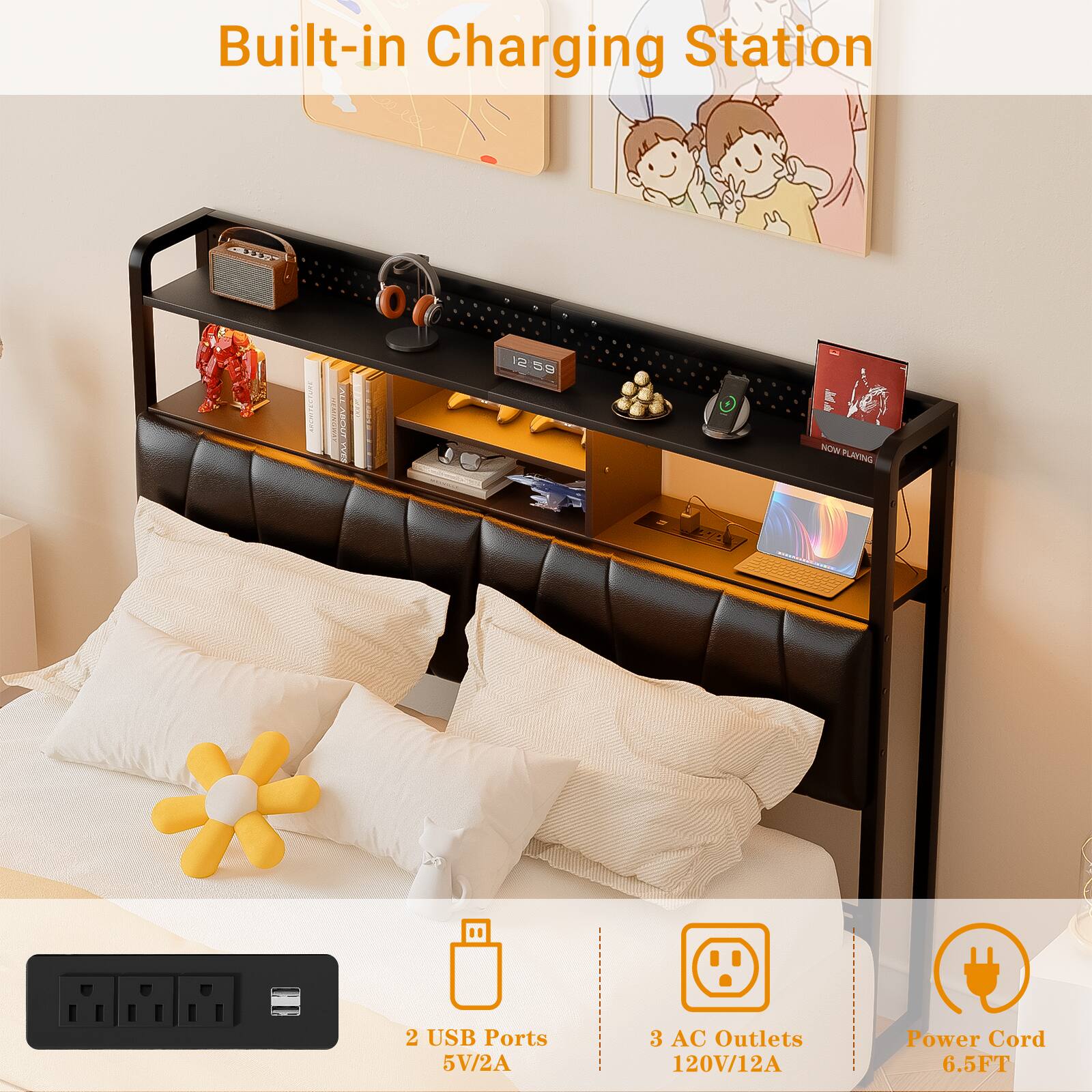 Built-in Charging Station

- 2 USB Ports 5V/2A
- 3 AC Outlets 120V/12A
- Power Cord 6.5FT