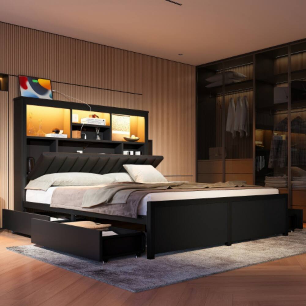 Left. LUCKY ONE - Queen Size Bed Frame with High Storage Headboard, LED Lights, USB Charging Station, 4 Drawers - Black,Queen.