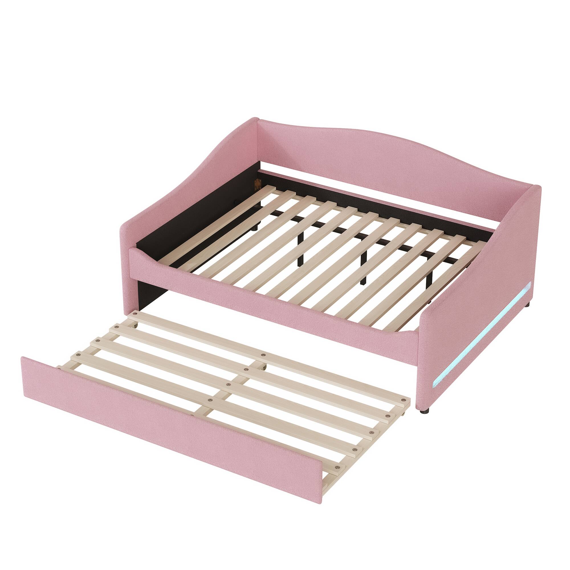 Back. Tiramisubest - Teddy Fleece Full Size Upholstered Daybed with Light and Trundle, Pink - Pink.