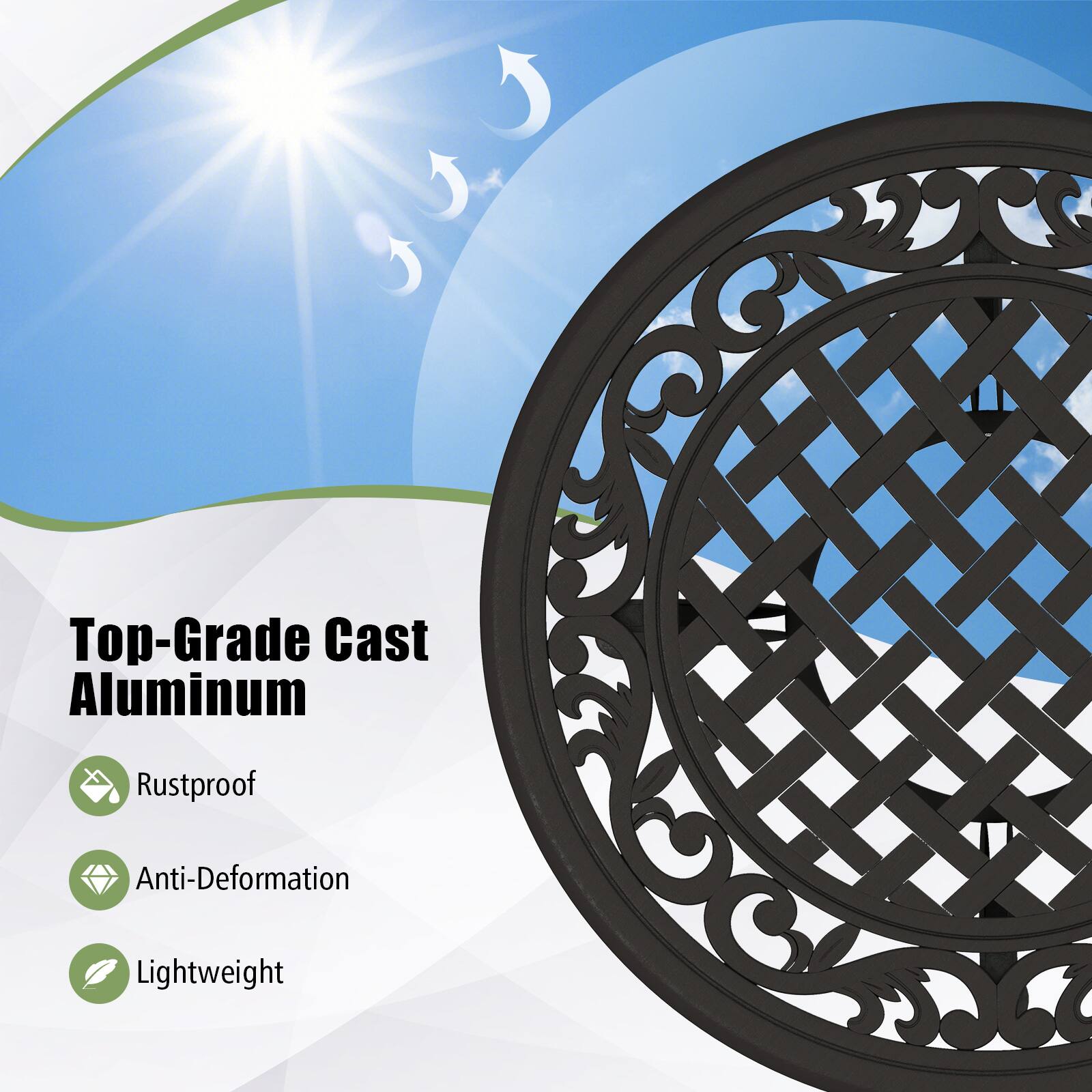 Top-Grade Cast Aluminum  
Rustproof  
Anti-Deformation  
Lightweight