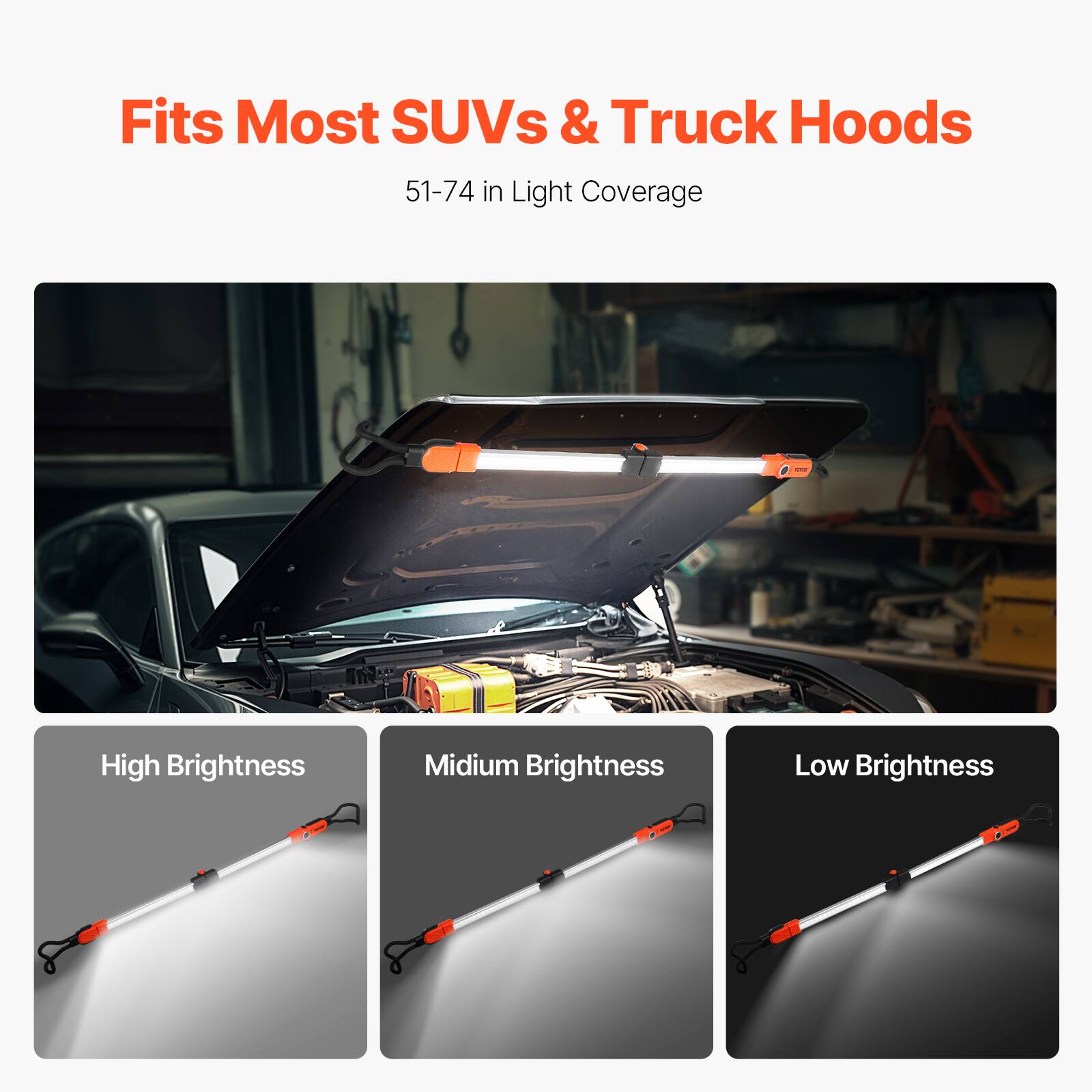 Fits Most SUVs & Truck Hoods  
51-74 in Light Coverage  

High Brightness  
Medium Brightness  
Low Brightness