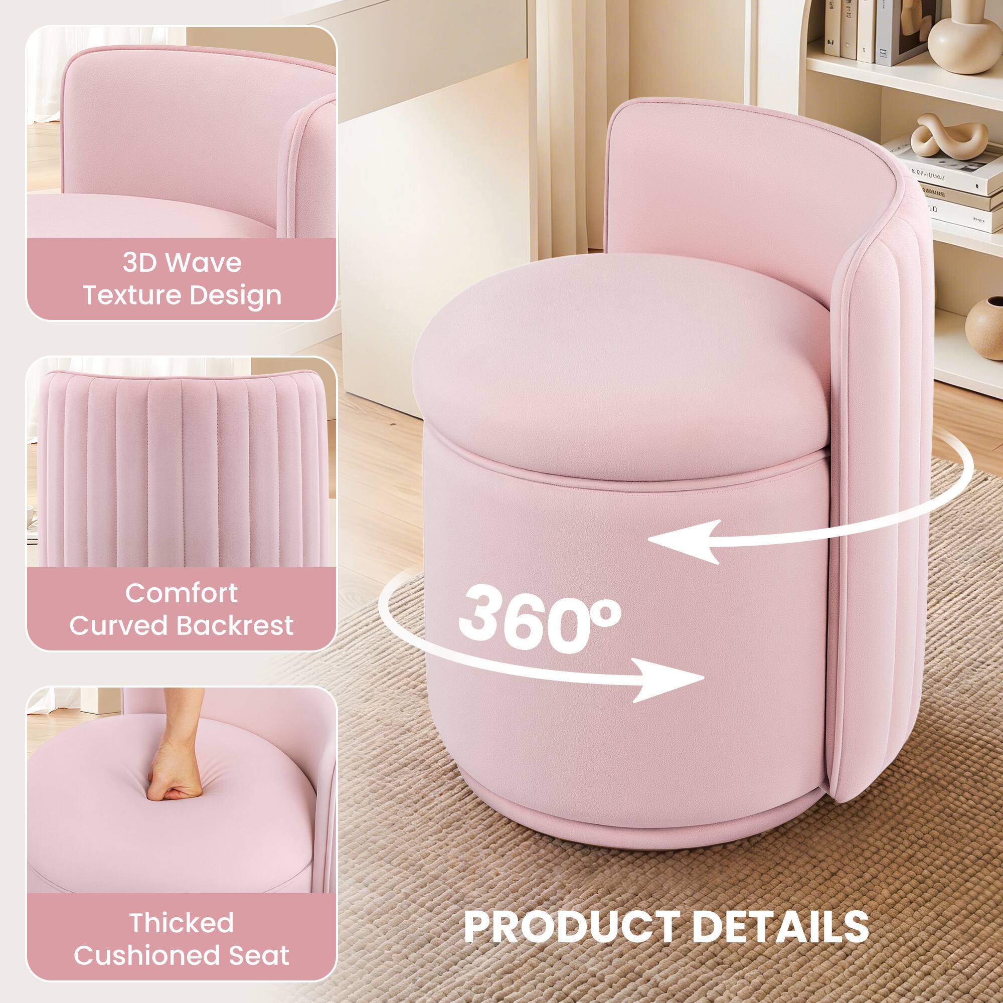 1. 3D Wave Texture Design
2. Comfort Curved Backrest
3. Thickened Cushioned Seat
4. 360° Rotatable
5. Product Details