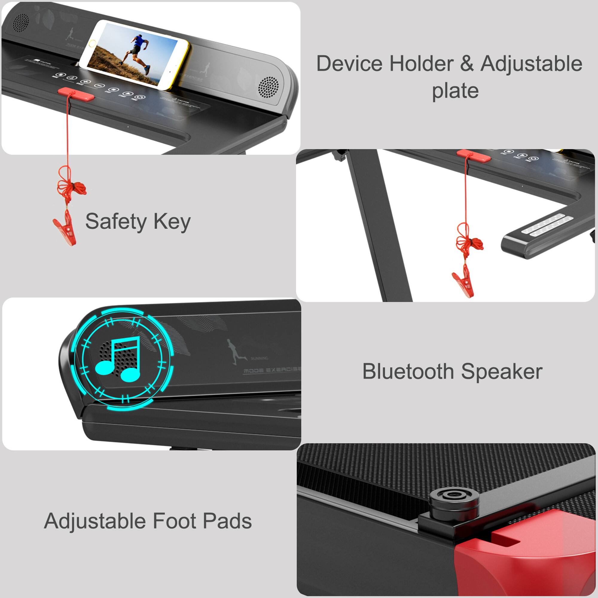 - Device Holder & Adjustable Plate
- Safety Key
- Bluetooth Speaker
- Adjustable Foot Pads