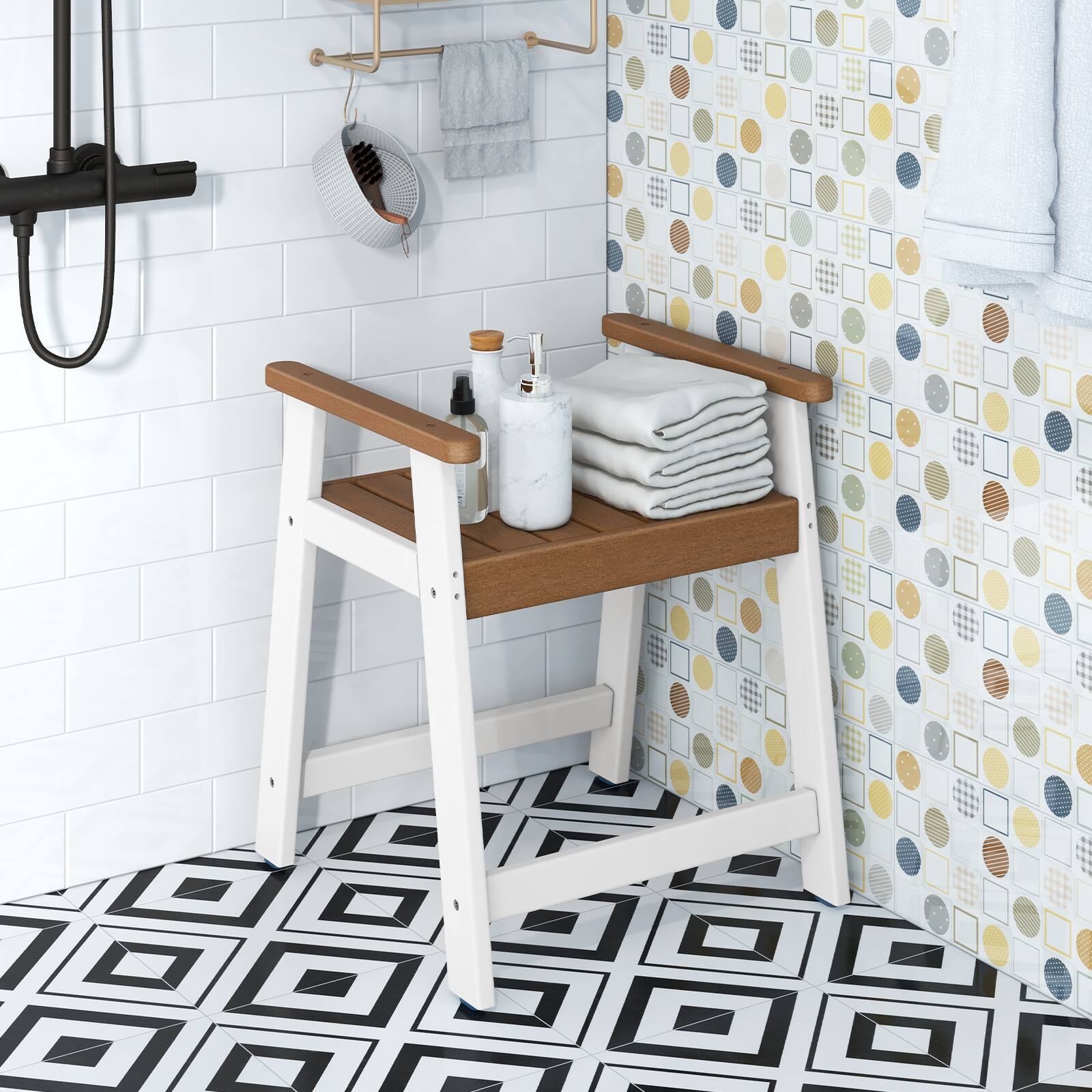 Back. Costway - Heavy Duty Waterproof HDPE Shower Bench Bathroom Shower Chair with Armrest - Brown + White.