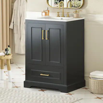 Front. Whisen - 24" Freestanding Bathroom Vanity, Solid Wood & MDF, 1 Divided Drawer, 2 Soft-Close Doors & Storage Racks - Black.