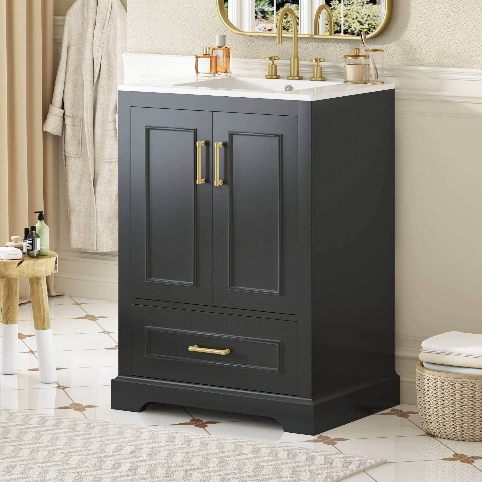 Front. Whisen - 24" Freestanding Bathroom Vanity, Solid Wood & MDF, 1 Divided Drawer, 2 Soft-Close Doors & Storage Racks - Black.