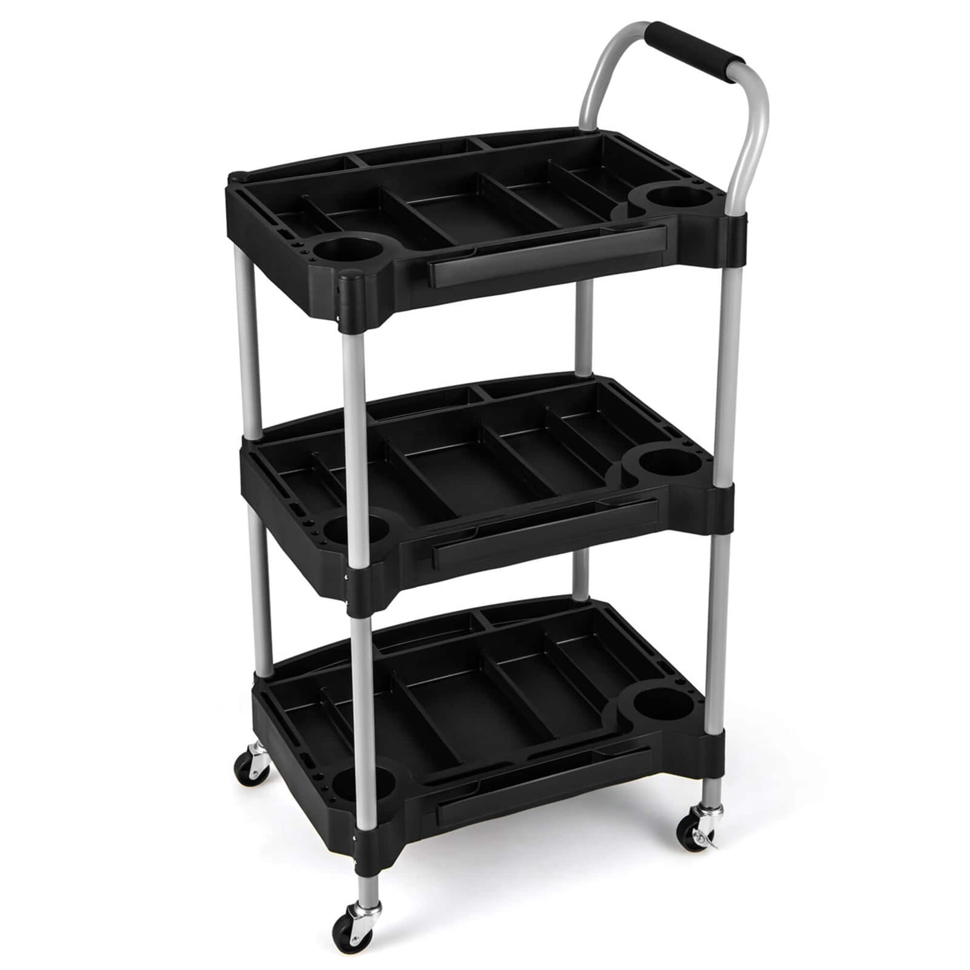 Front. Costway - Costway 3 Tier Rolling Tool Cart with Handle Tool Storage Slot Universal Wheels for Garage - Black.