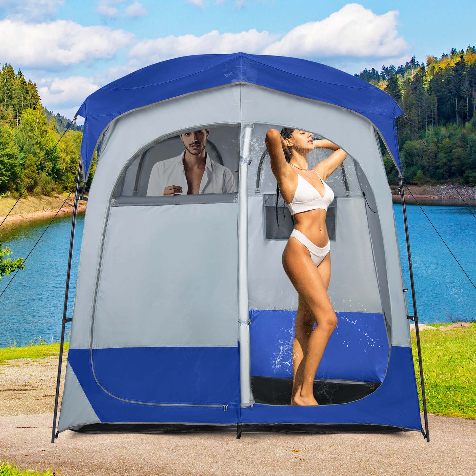 Alt View 1. Costway - Costway 2 Room Shower Tent Oversize Privacy Shelter Portable Dressing Toilet Outdoor - Blue.