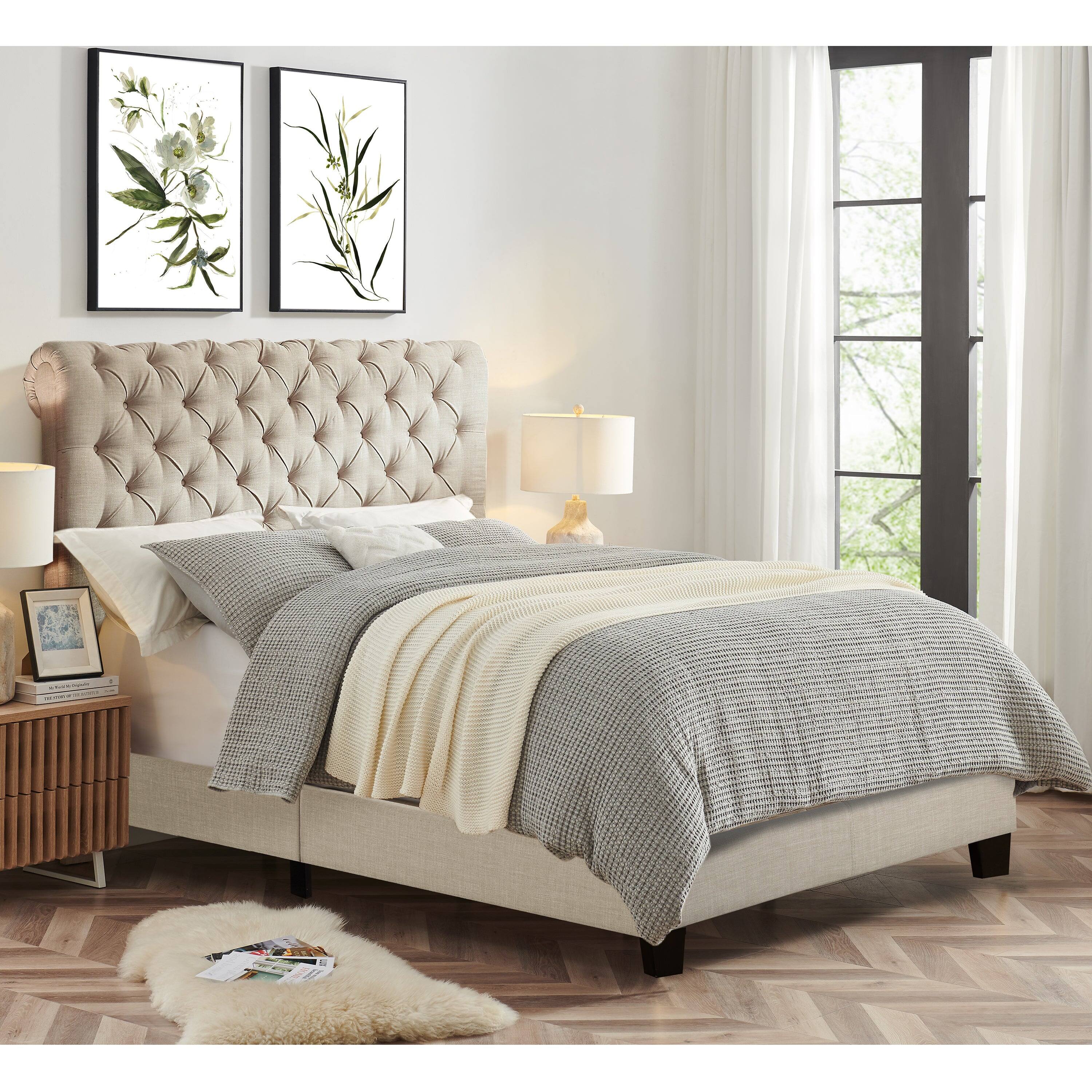 Alt View 3. Boyel Living - 46 in Luxury Upholstered Bed Frame with Solid Wood Frame in White - Off-white.