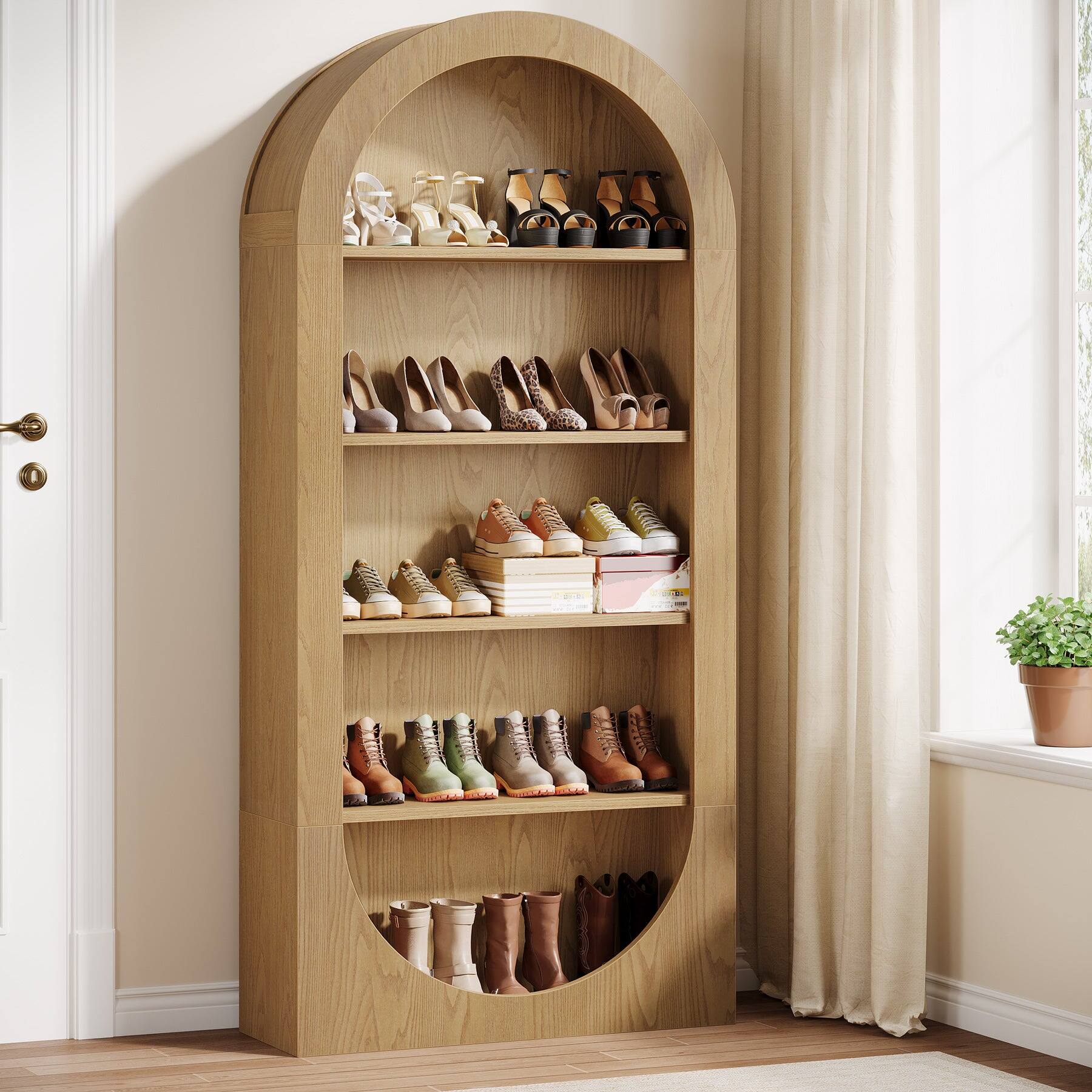 Angle. Tribesigns - Shoe Storage Cabinet with Engineered Wood Construction and Storage Shelves for Living Room and Home Office - Brown.