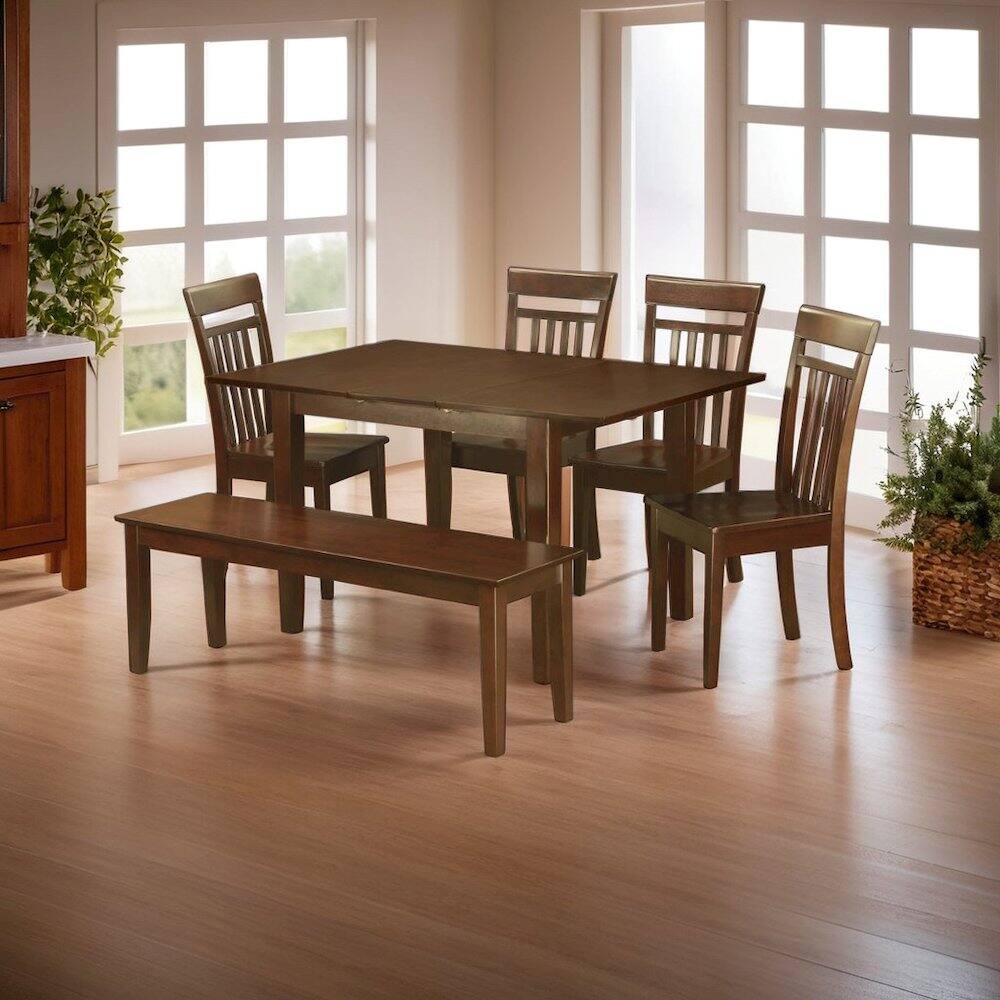 Back. FurniFact - Elegant Dining Table Set for 6 – Wood Kitchen Table with Chairs & Bench - Mahogany.