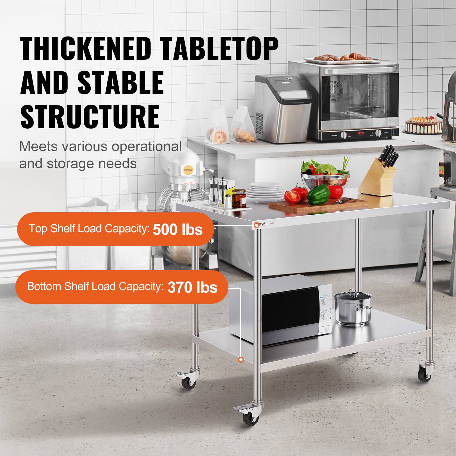 THICKENED TABLETOP AND STABLE STRUCTURE  
Meets various operational and storage needs  

Top Shelf Load Capacity: 500 lbs  
Bottom Shelf Load Capacity: 370 lbs