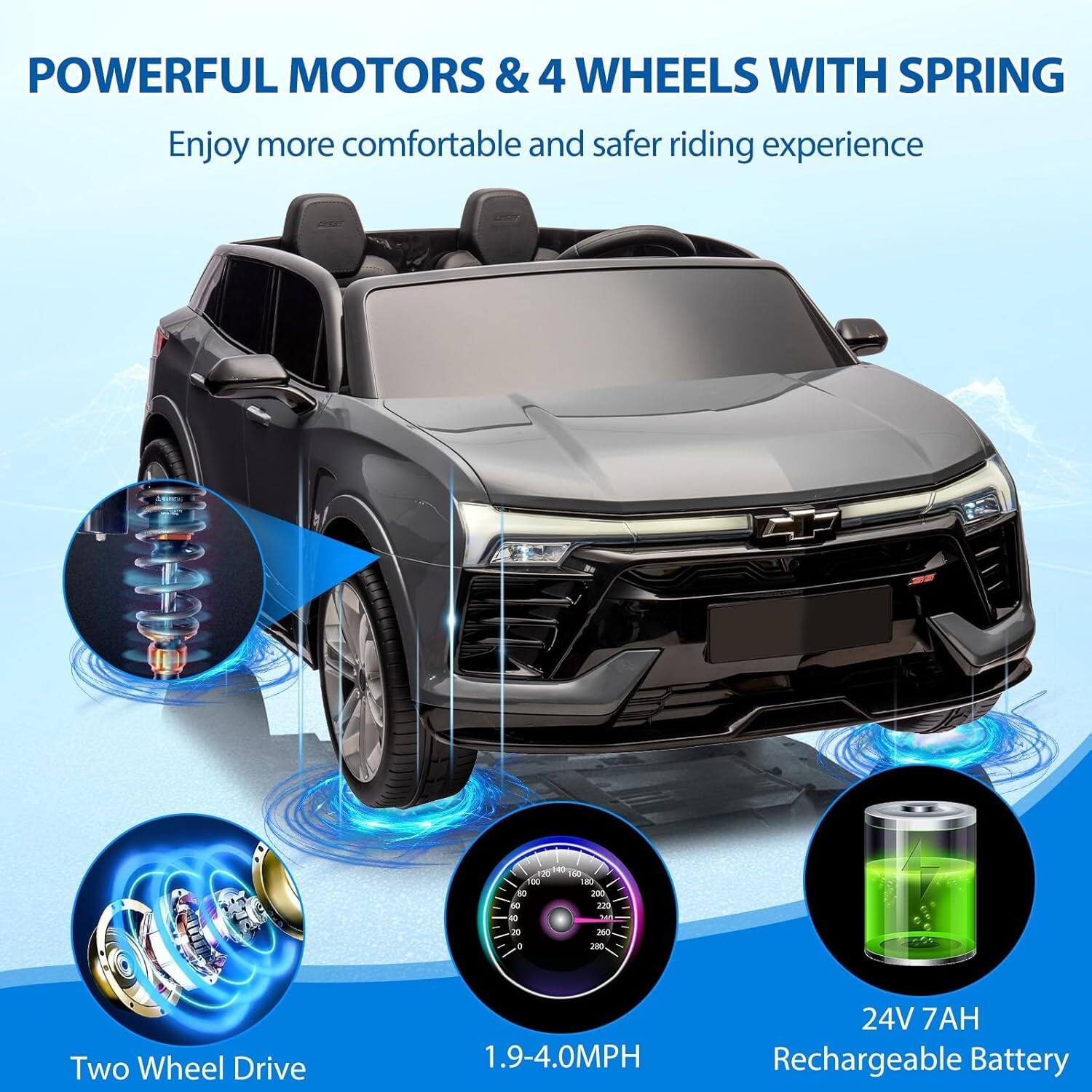 POWERFUL MOTORS & 4 WHEELS WITH SPRING  
Enjoy more comfortable and safer riding experience  

Two Wheel Drive  
1.9-4.0MPH  
24V 7AH Rechargeable Battery