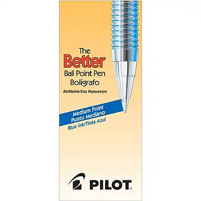 The Better Ball Point Pen
Bolígrafo
Refillable/Usa Repuestos
Medium Point
Punto Mediano
Blue Ink/Tinta Azul
PILOT
