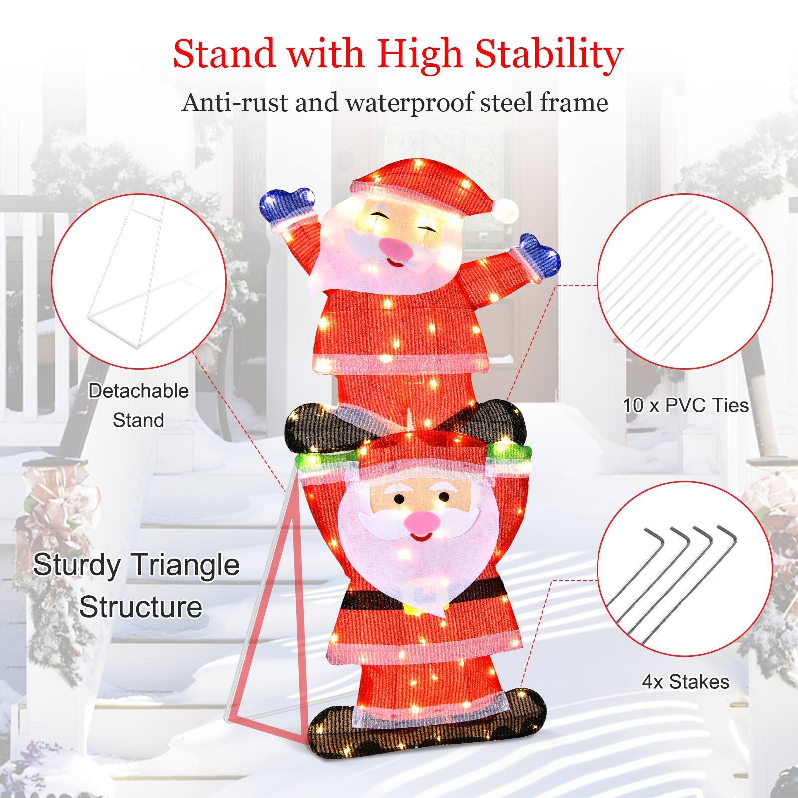 The image features a Santa Claus decoration that is designed to stand with high stability. The decoration is made of an anti-rust and waterproof steel frame, ensuring it can withstand the elements. The decoration is also detachable, making it easy to set up and take down. It comes with 10 PVC ties for added support and a sturdy triangle structure for stability. Additionally, there are four stakes included to secure the decoration in place.