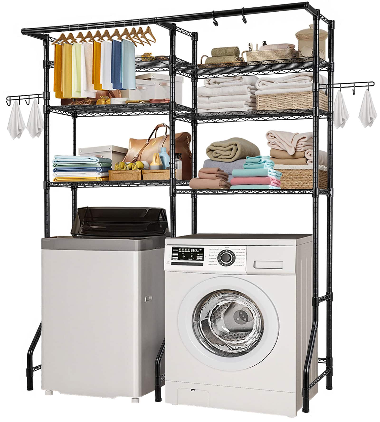 Front. VEVOR - Over Washer and Dryer Storage Shelves,6 Tiers Laundry Room Drying Rack,Hanger Rod and Hooks, Two Rows Adjustable Shelves - Black.