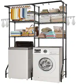 VEVOR - Over Washer and Dryer Storage Shelves,6 Tiers Laundry Room Drying Rack,Hanger Rod and Hooks, Two Rows Adjustable Shelves - Black