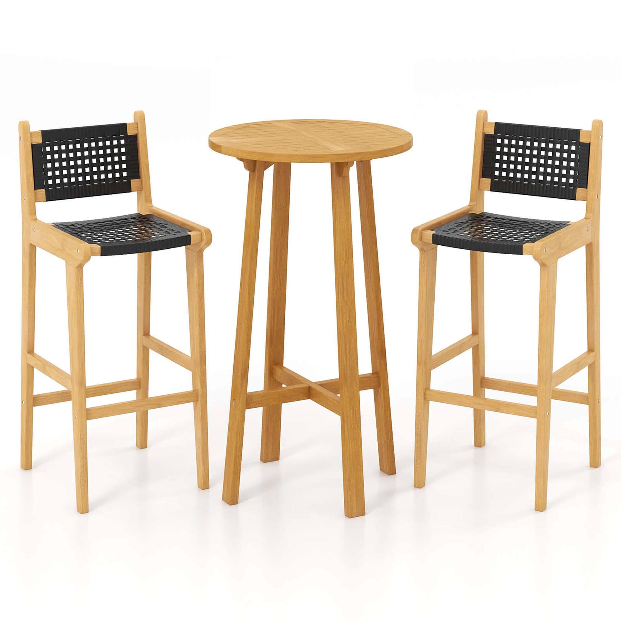 Alt View 6. Costway - 3 PCS Patio Bar Set Round Cocktail Table with 2 Armless Rattan Bar Stools - Natural,Black.