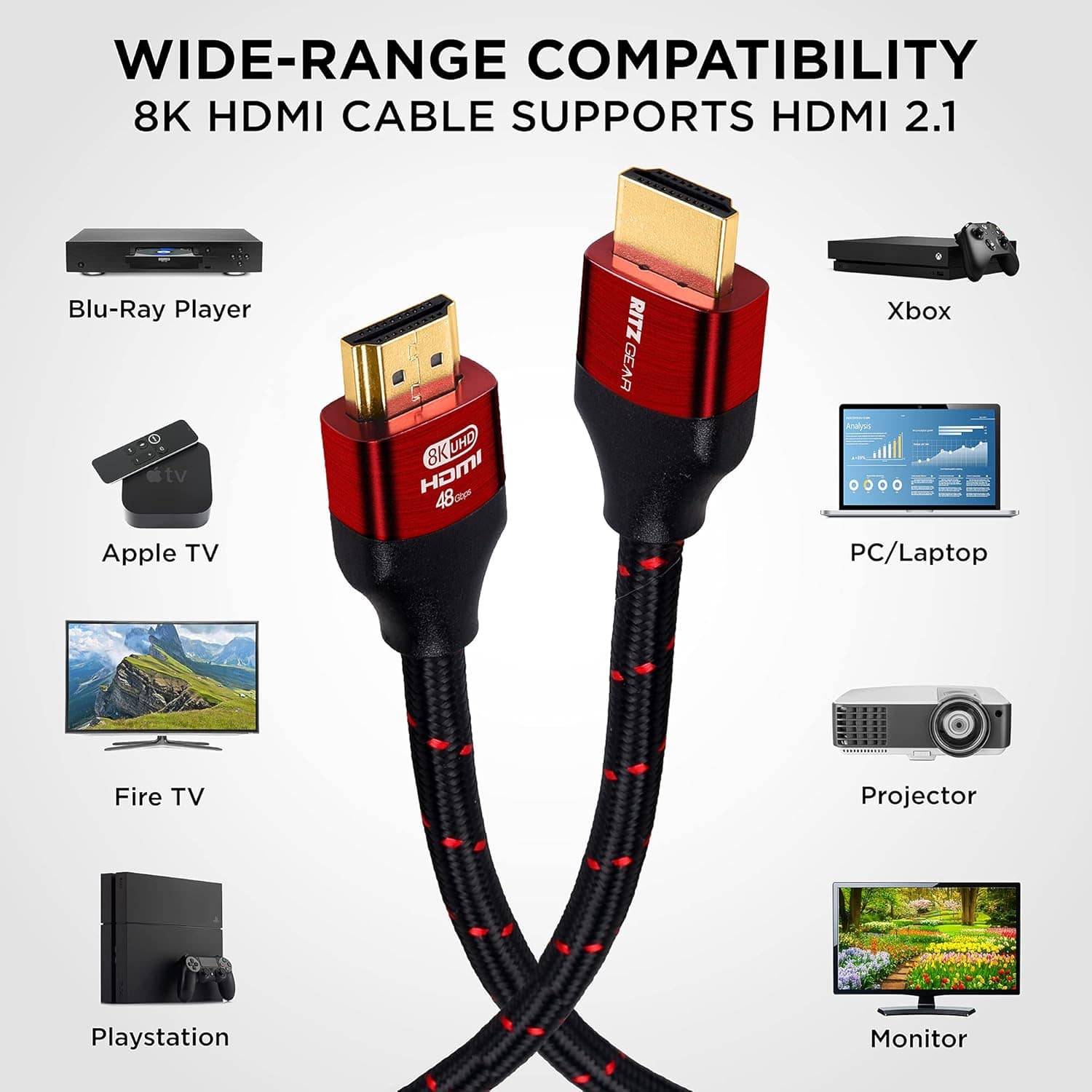 WIDE-RANGE COMPATIBILITY 8K HDMI CABLE SUPPORTS HDMI 2.1 Blu-Ray Player Xbox Apple TV PC/Laptop Fire TV Projector Playstation Monitor