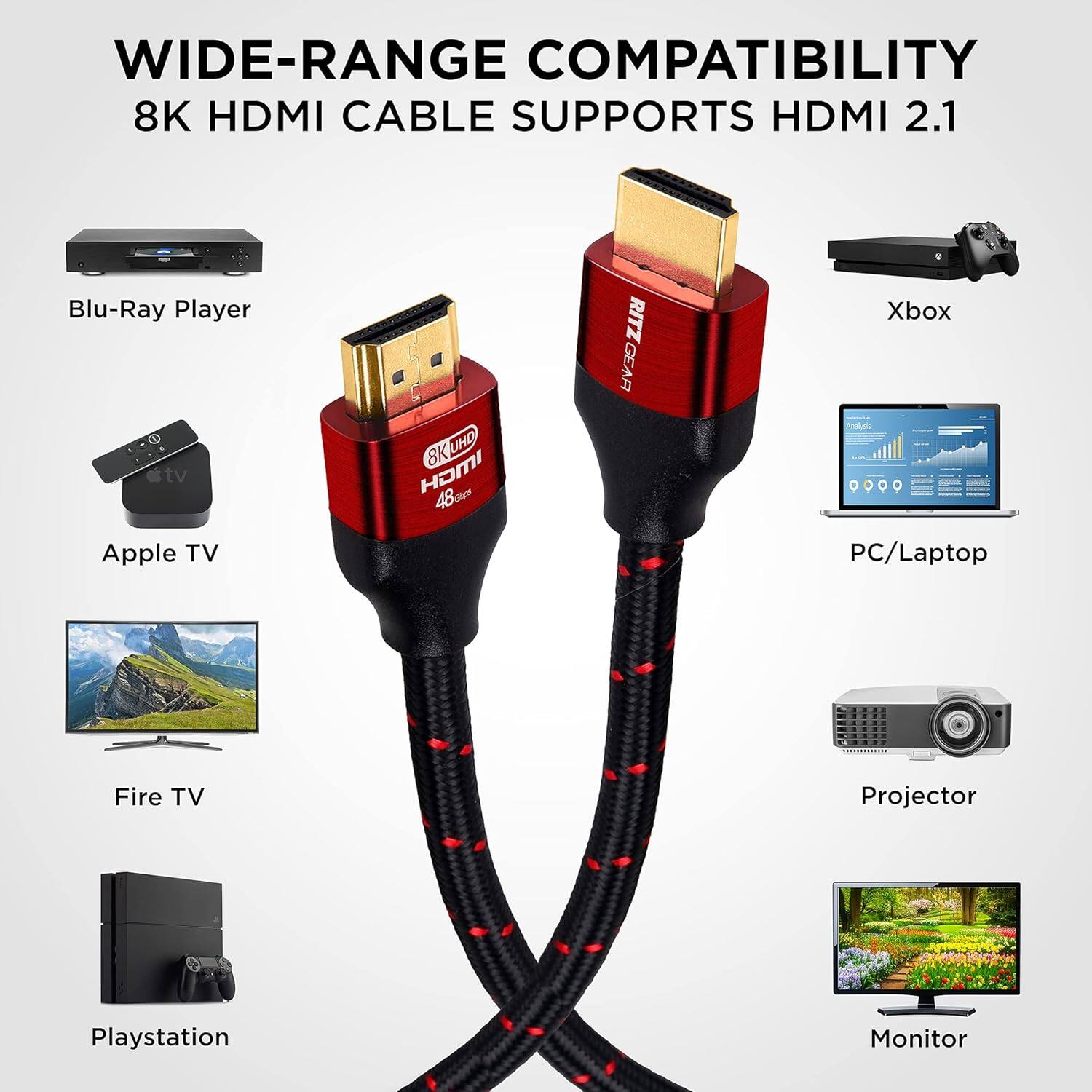 WIDE-RANGE COMPATIBILITY 8K HDMI CABLE SUPPORTS HDMI 2.1 Blu-Ray Player Xbox Apple TV PC/Laptop Fire TV Projector Playstation Monitor