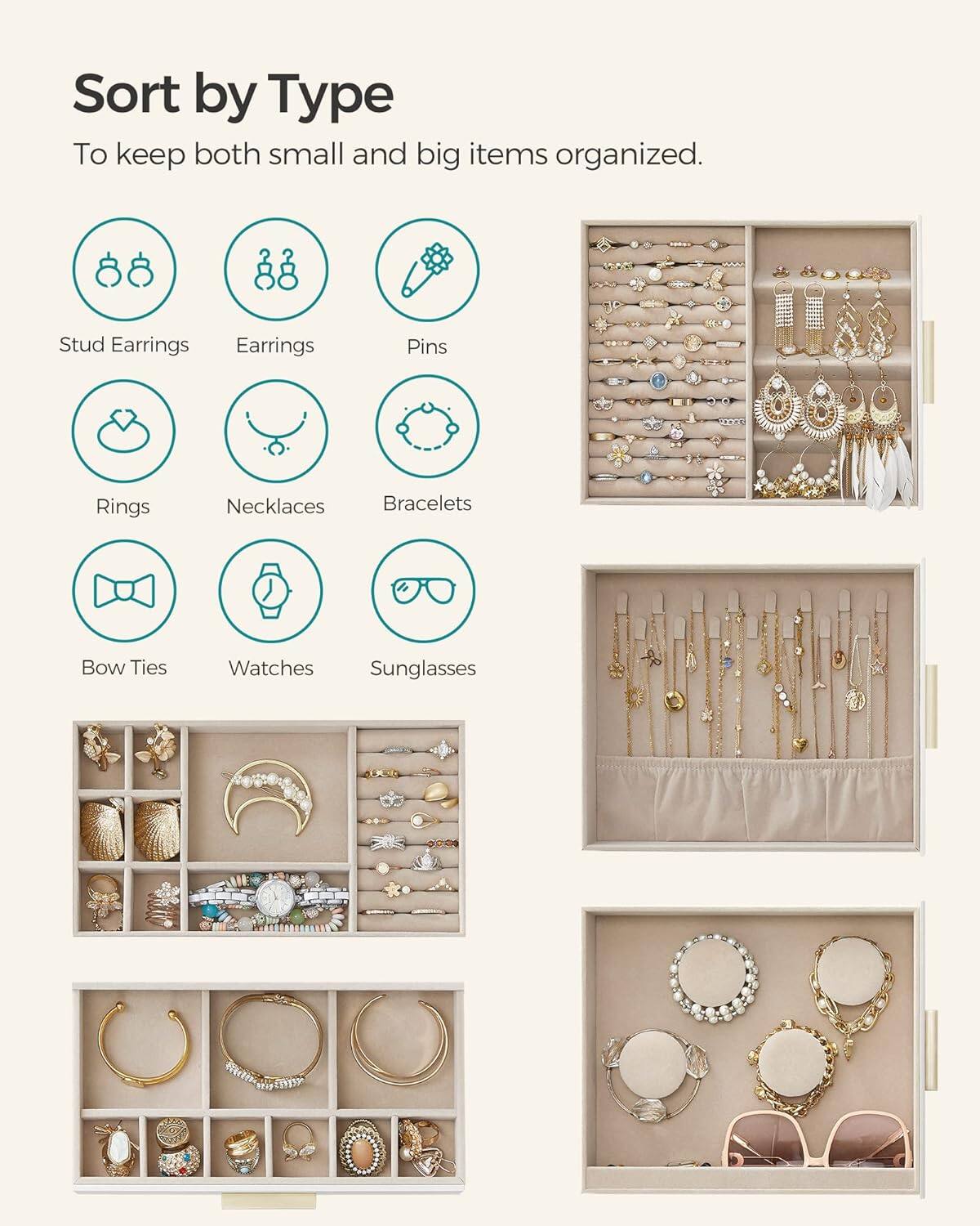 Sort by Type  
To keep both small and big items organized.

- Stud Earrings
- Earrings
- Pins
- Rings
- Necklaces
- Bracelets
- Bow Ties
- Watches
- Sunglasses