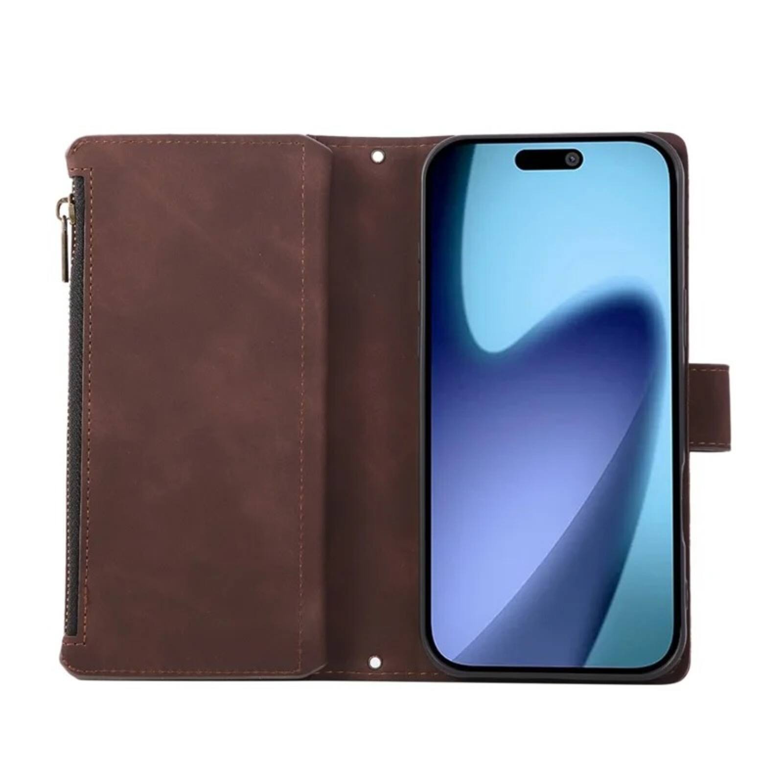 Back. UUCOVER - Wallet Case for Apple iPhone 18 Pro with Card Slots Cash Holder, Zipper Pocket, Wrist & Shoulder Strap, Flip Stand Cover - Coffee.