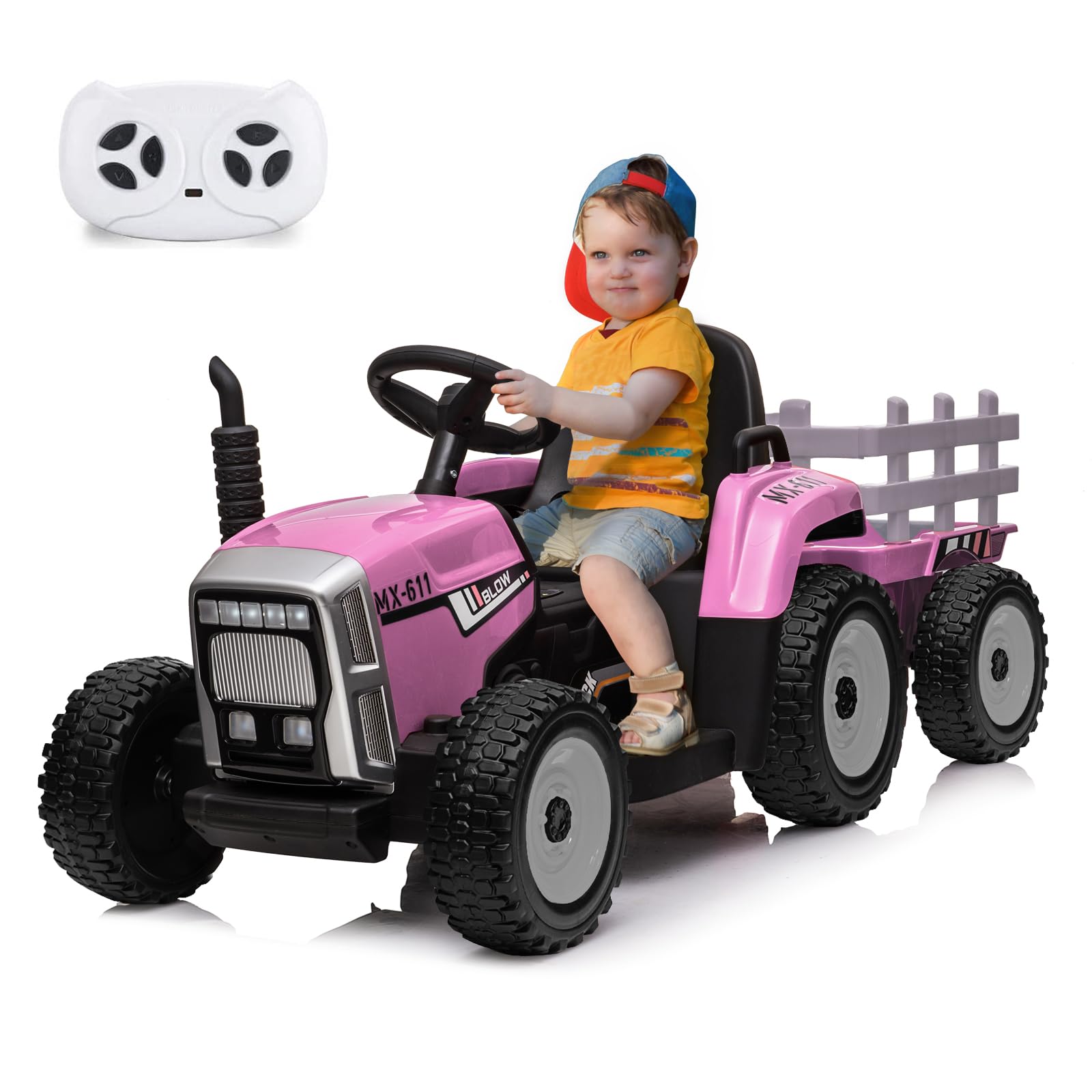 Acekool- 12V Kids Ride On Tractor with Trailer & Remote Control,Toddler Electric Vehicle Car with Led Headlights,35W- Light Pink