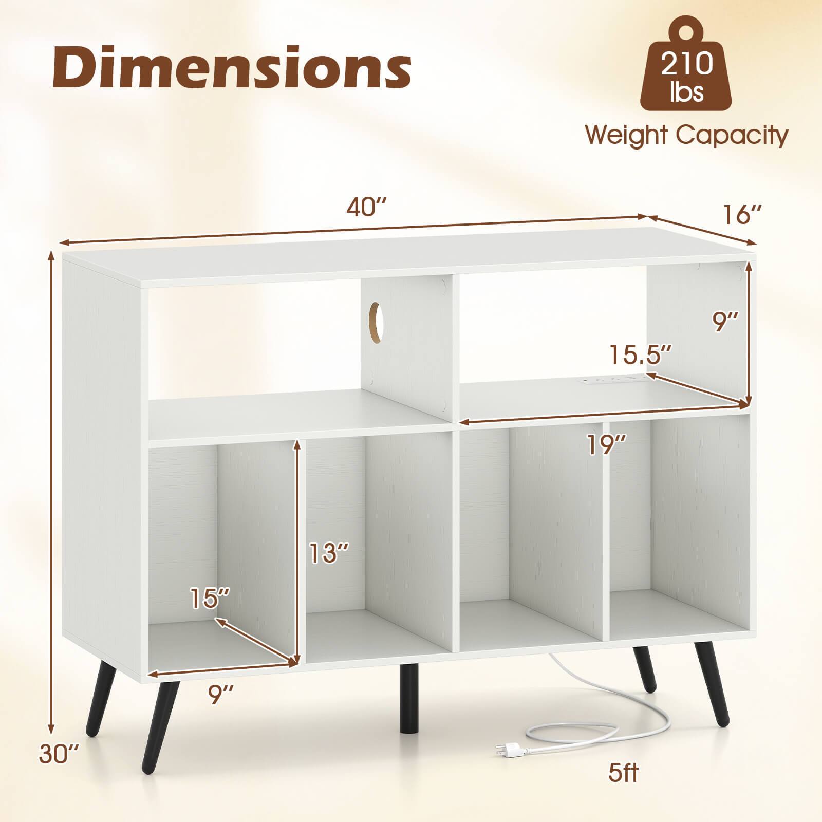 Dimensions:  
- Width: 40"  
- Depth: 16"  
- Height: 30"  
- Shelf 1: 19" (width) x 15.5" (depth) x 9" (height)  
- Shelf 2: 15" (width) x 13" (depth) x 9" (height)  

Weight Capacity: 210 lbs  

Cable Length: 5ft
