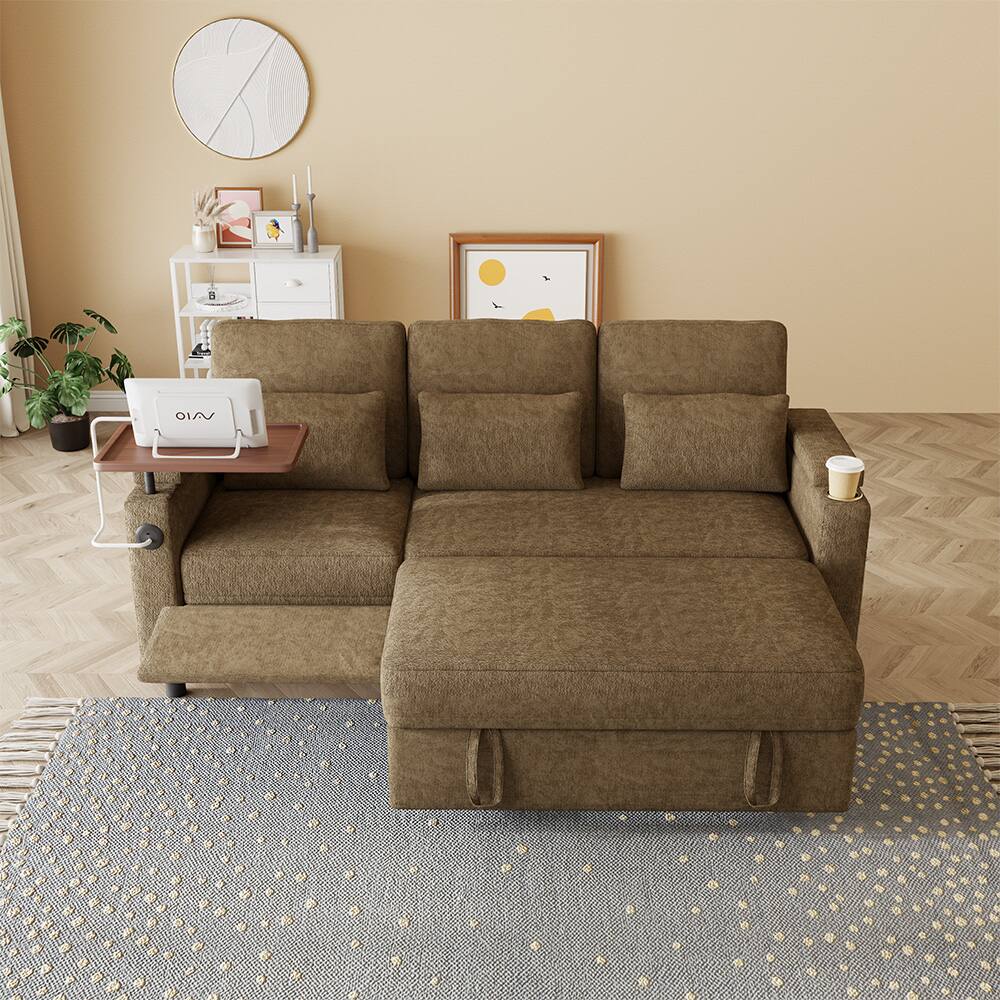 Angle. Anysun - 83" Chenille Fabric Foldable Sofa Bed with Electric Recliner, Adjustable Backrest, Table Board, Armrest Storage - Khaki.