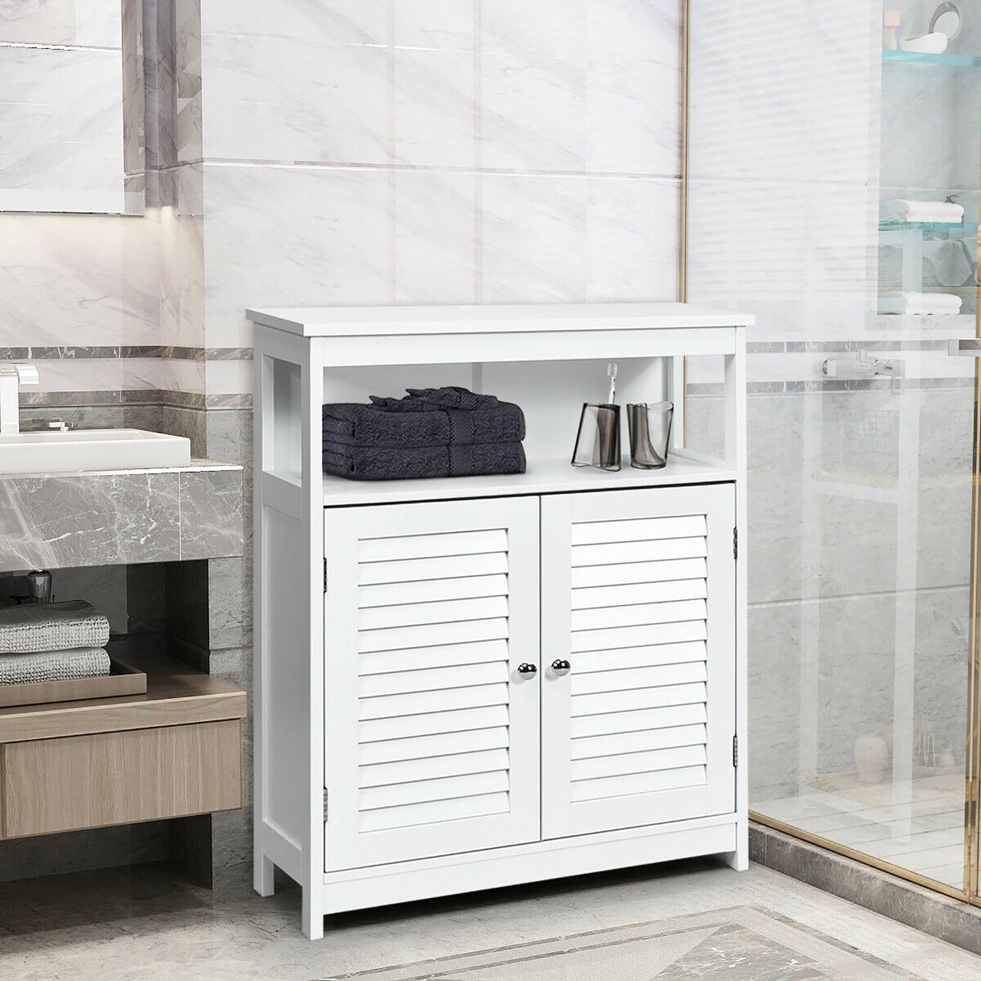Alt View 3. Costway - Costway Bathroom Storage Wood Floor Cabinet with Double Shutter Door - White.